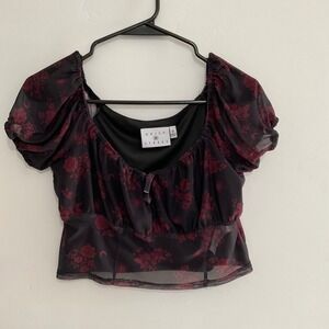 Daisy Street Sheer Mesh Floral Celestial Puff Sleeve Top –‎ Soft Goth Y2K – Sz S
